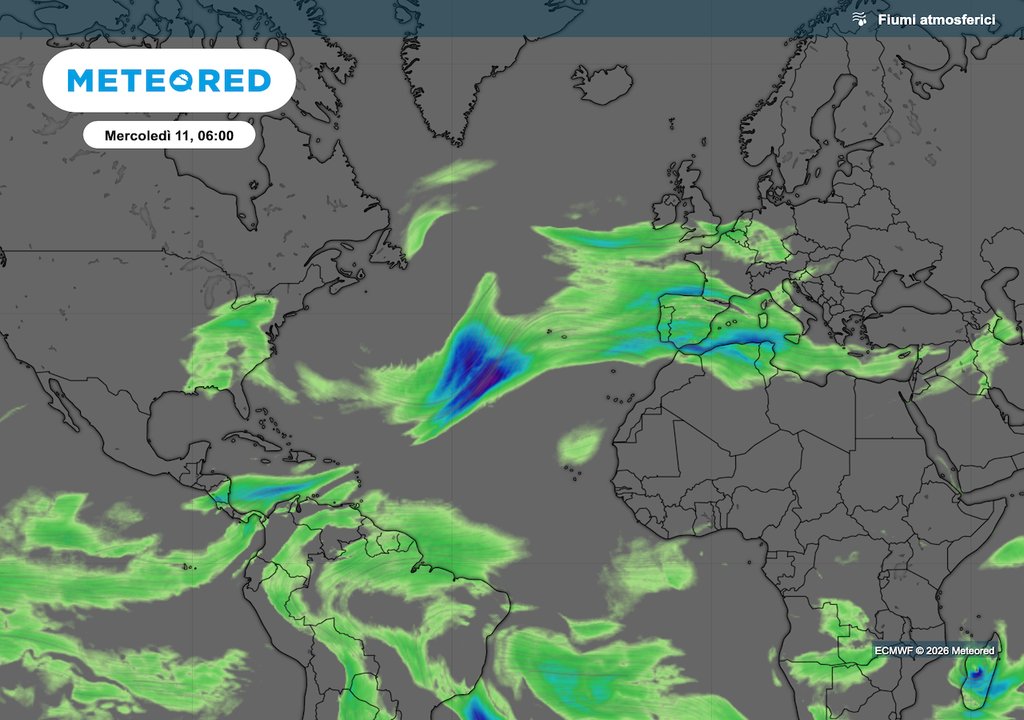 Un lungo nastro trasportatore porta umidità dai Caraibi alle coste europee e anche al Mediterraneo, come dimostra questa mappa del fiume atmosferico previsto per mercoledì prossimo da ECMWF.
