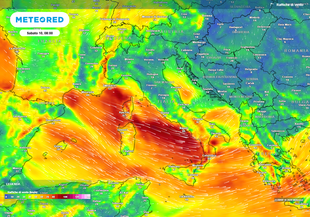 Venti molto sostenuti sul Tirreno Raffiche fino a 70-80 km/h sul medio-basso Tirreno