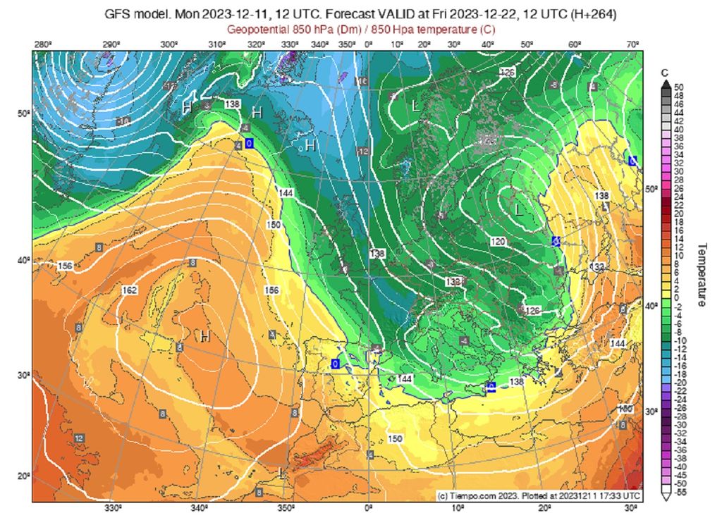 Le flux pourrait basculer plein Nord à l'approche de Noël selon le modèle américain GFS (via tameteo.com)