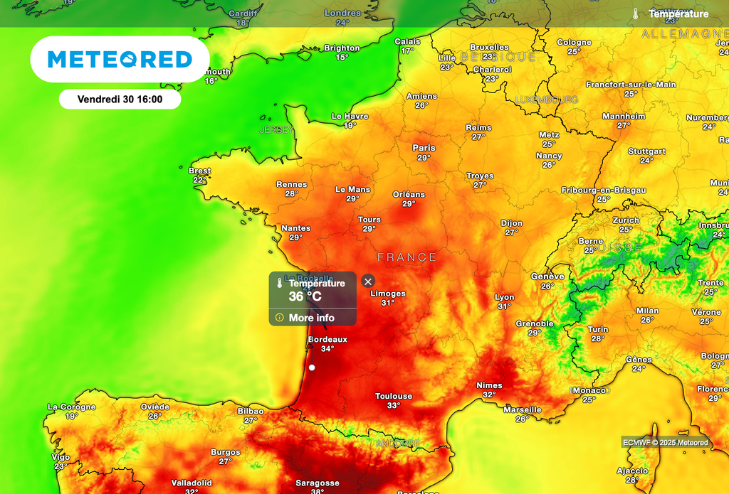 Près de 37 degrés attendus vendredi après-midi dans le sud-ouest de la France. Près de 37 degrés attendus vendredi après-midi dans le sud-ouest de la France.