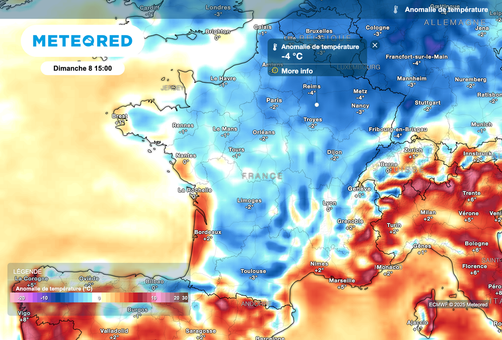 Températures souvent inférieures aux normales de saison dimanche après-midi.