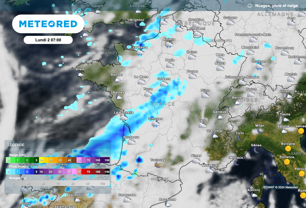 Situation météo prévue ce lundi matin à 7 heures.