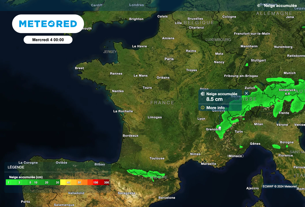 Faibles chutes de neige sur les Pyrénées et les Alpes.