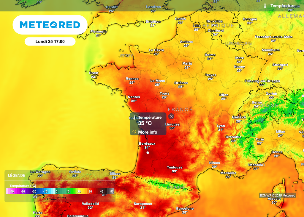 Températures prévues cet après-midi en France.