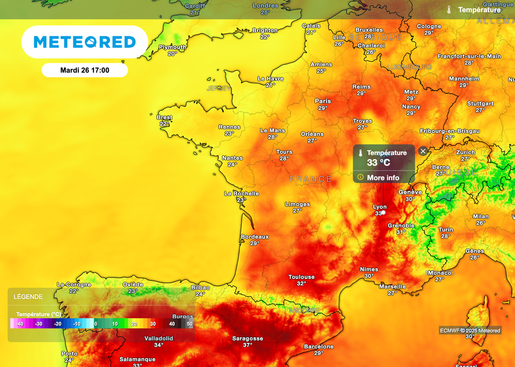 Températures prévues ce mardi après-midi.