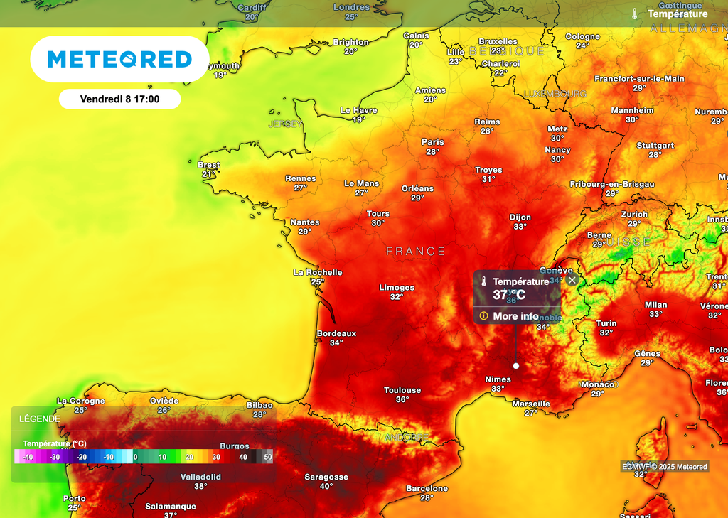 Températures prévues cet après-midi par le modèle européen.