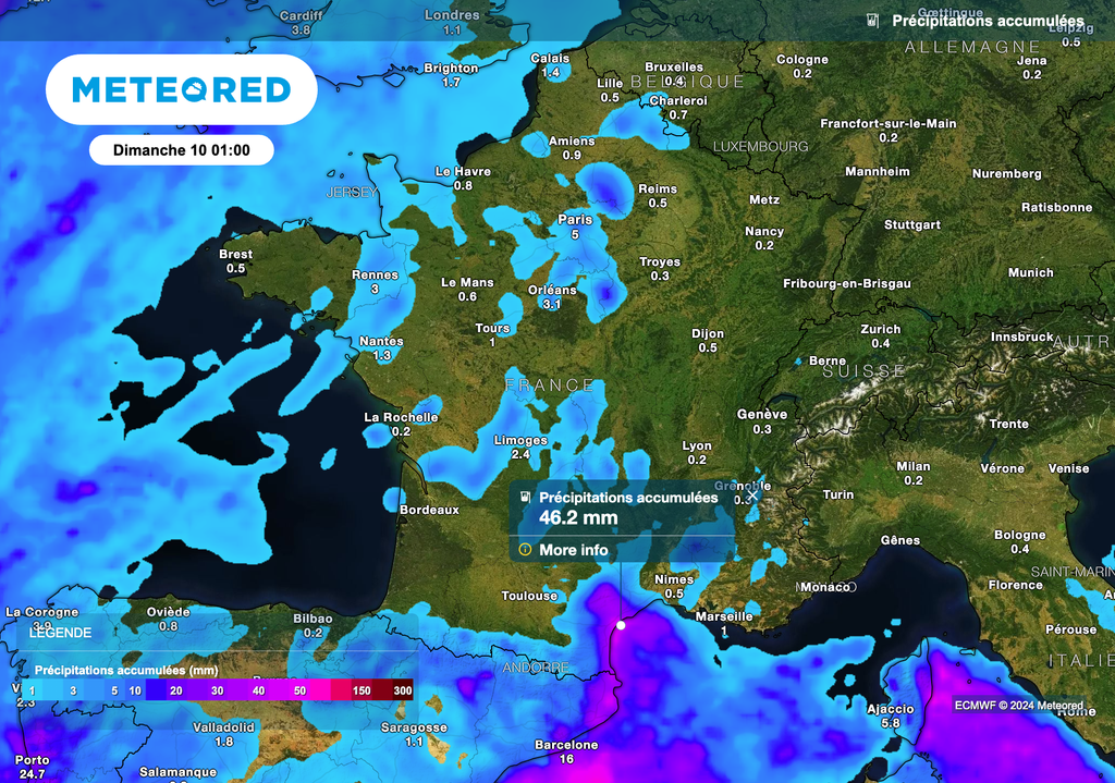 Cumuls de pluie prévus en France d'ici la fin de semaine. Modèle ECMWF. Cumuls de pluie prévus en France d'ici la fin de semaine. Modèle ECMWF.