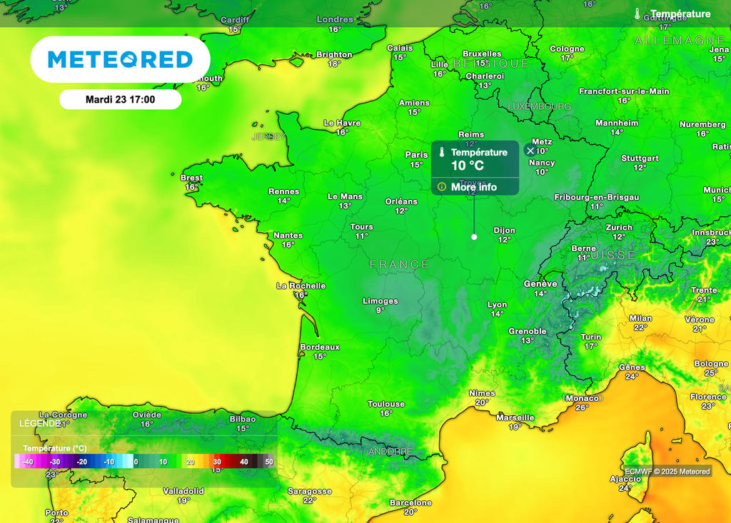 Températures prévues mardi après-midi.