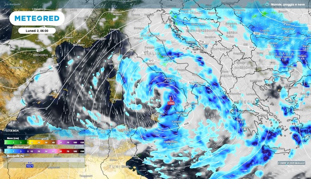 Minimo ben visibile con l'inizio della settimana La circolazione depressionaria prevista per lunedì 2 novembre, con il minimo barico sul Mediterraneo meridionale e precipitazioni diffuse soprattutto al Sud.