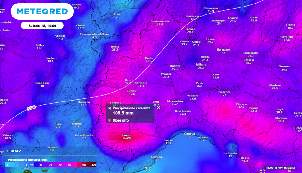 Meteo Piemonte. Ecco i quantitativi di pioggia attesi nel sud della regione entro giovedì.