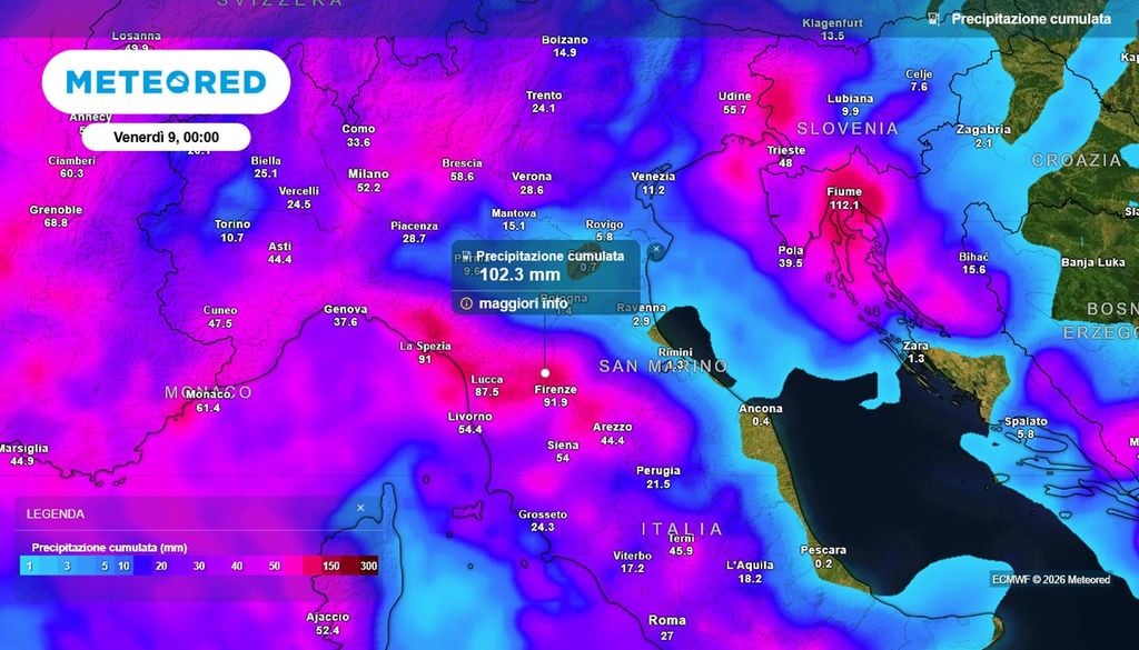 Il modello ECMWF prevede picchi di 100 mm tra la Liguria e la Toscana settentrionale interna entro domani sera.