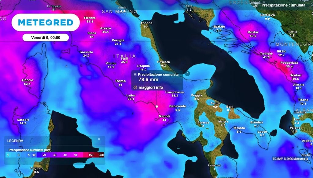 Il cumulato di pioggia previsto dal modello europeo entro domani sera tra Lazio del sud e Campania del nord.