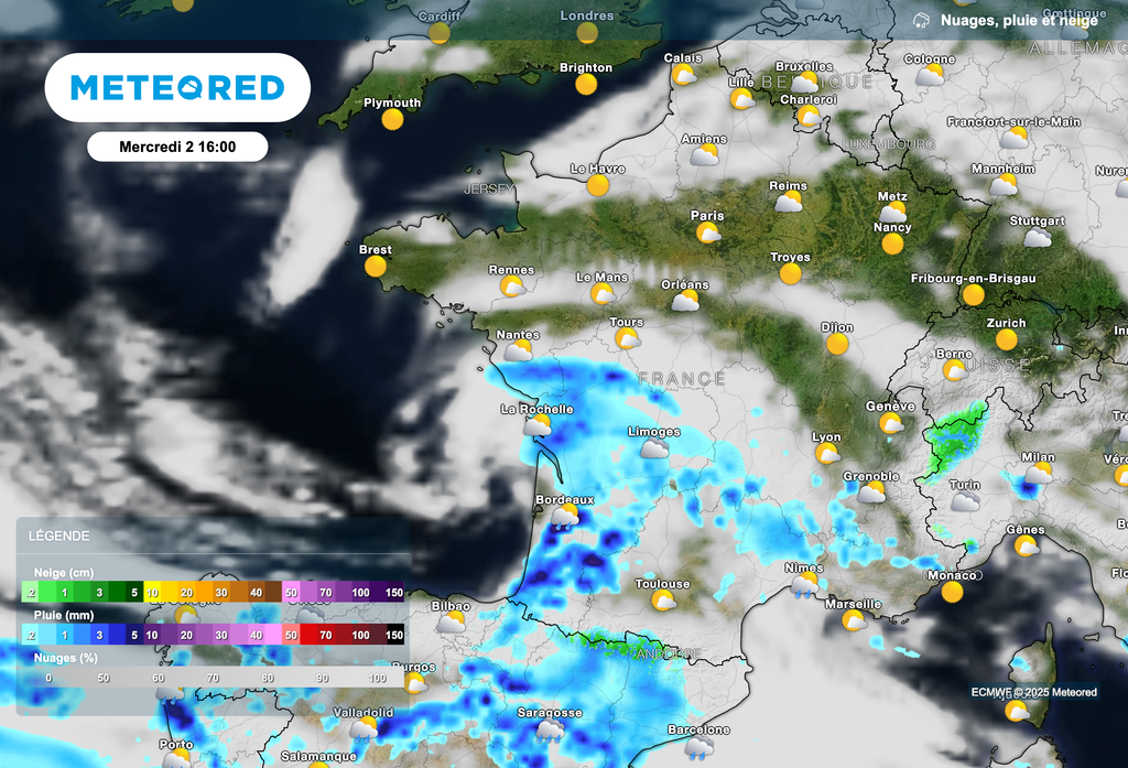 Pluies parfois soutenues en région Nouvelle-Aquitaine ce mercredi après-midi.