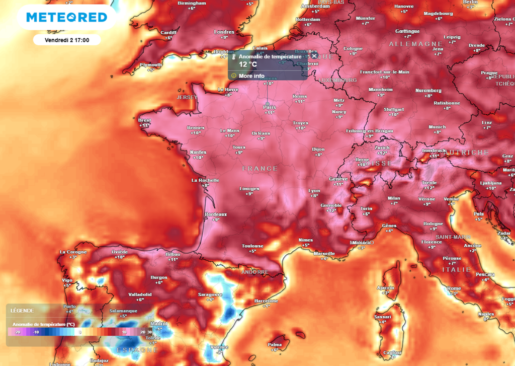 Vendredi après-midi, les températures seront situées jusqu'à 12°C au-dessus des normales de saison !