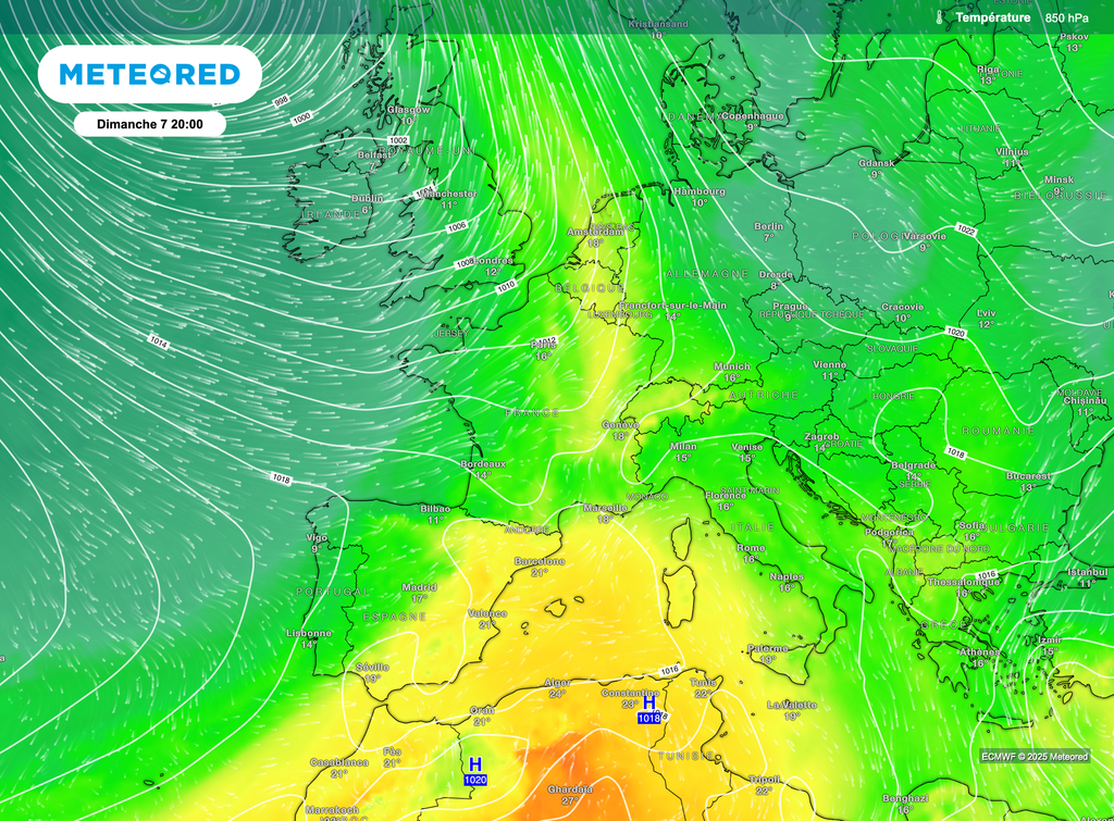 L'air chaud encore présent ce dimanche se verra déjà repoussé par de l'air plus frais par l'ouest. L'air chaud encore présent ce dimanche se verra déjà repoussé par de l'air plus frais par l'ouest.