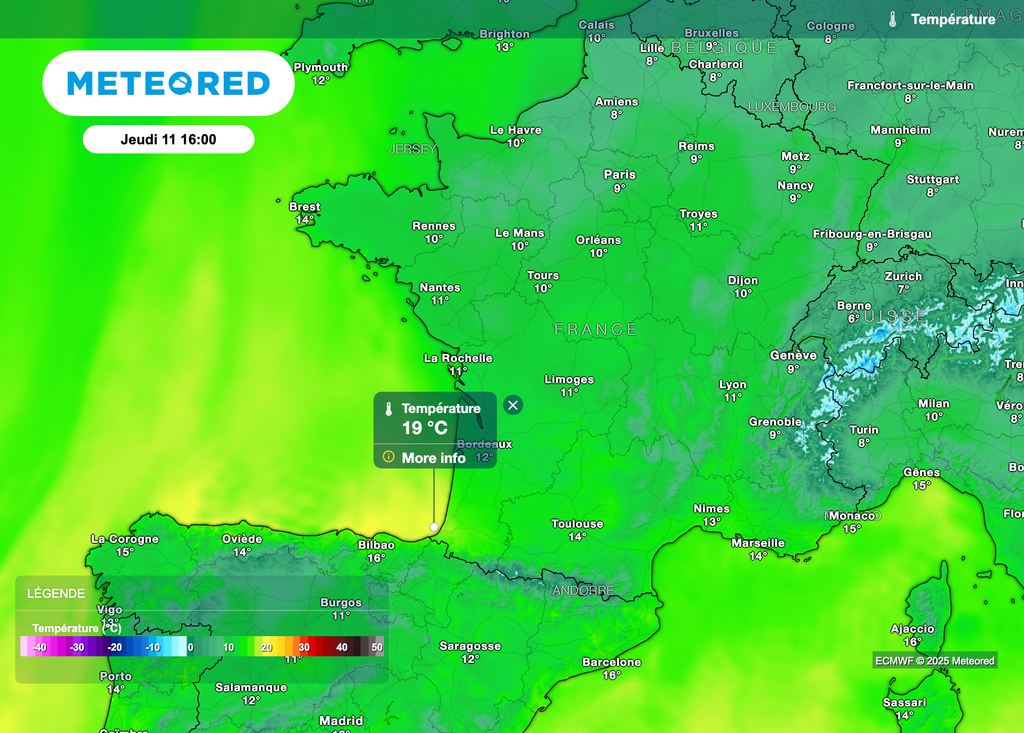 Près de 20 degrés cet après-midi en direction du Pays basque. Près de 20 degrés cet après-midi en direction du Pays basque.