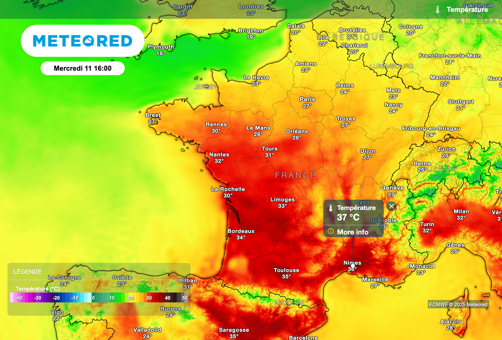 Des pointes à près de 37 degrés cet après-midi dans le sud de la France. Des pointes à près de 37 degrés cet après-midi dans le sud de la France.