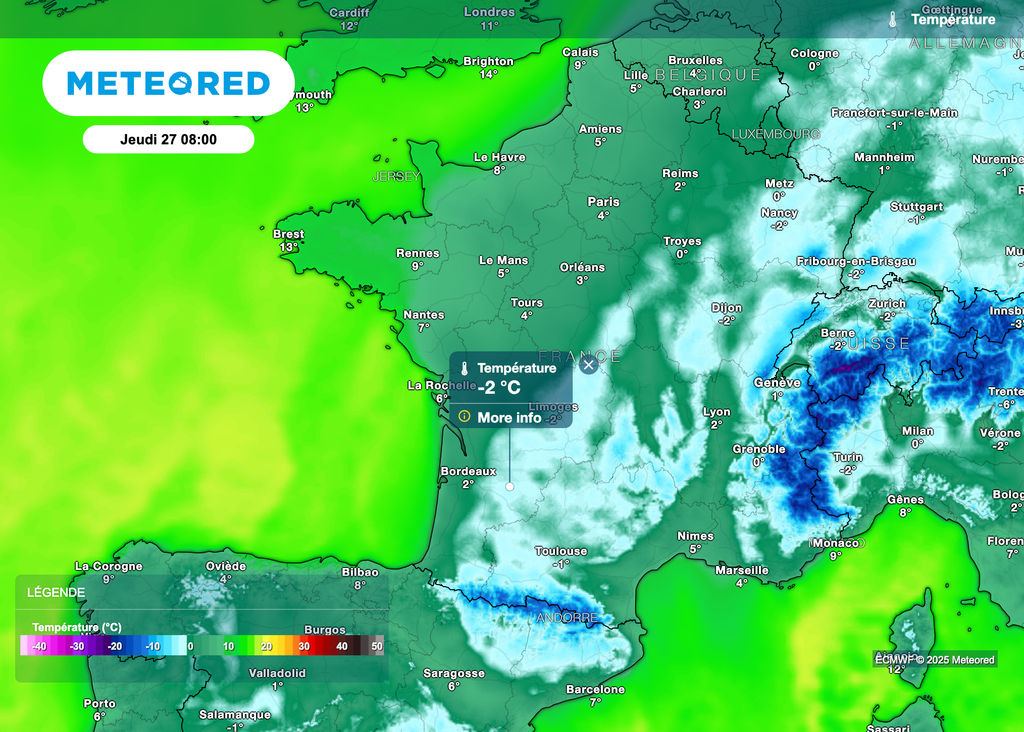 Températures souvent négatives ce jeudi matin entre le sud-ouest et le nord-est. Températures souvent négatives ce jeudi matin entre le sud-ouest et le nord-est.