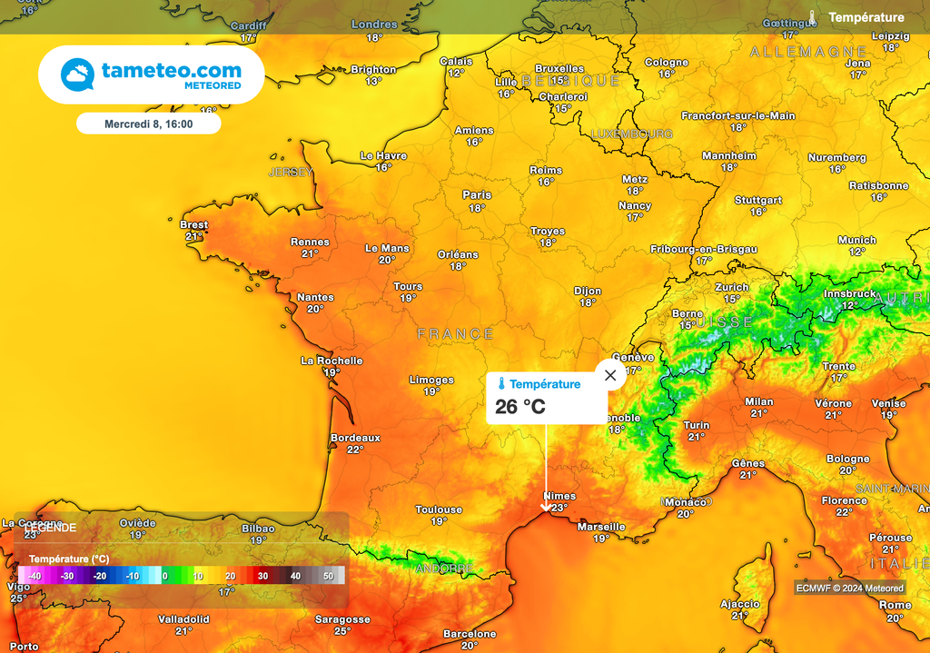 Première hausse des températures ce mercredi après-midi. Plus de 25°C attendus localement dans le sud du pays.