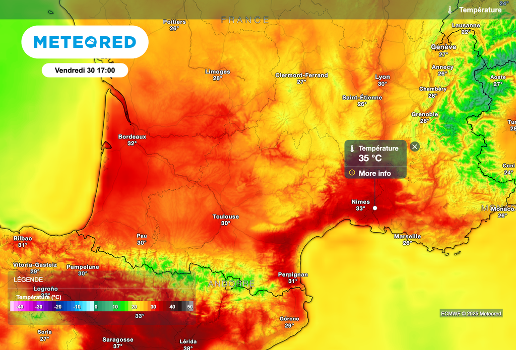 Maximales prévues vendredi après-midi avec près de 35 degrés localement dans le sud de la France.