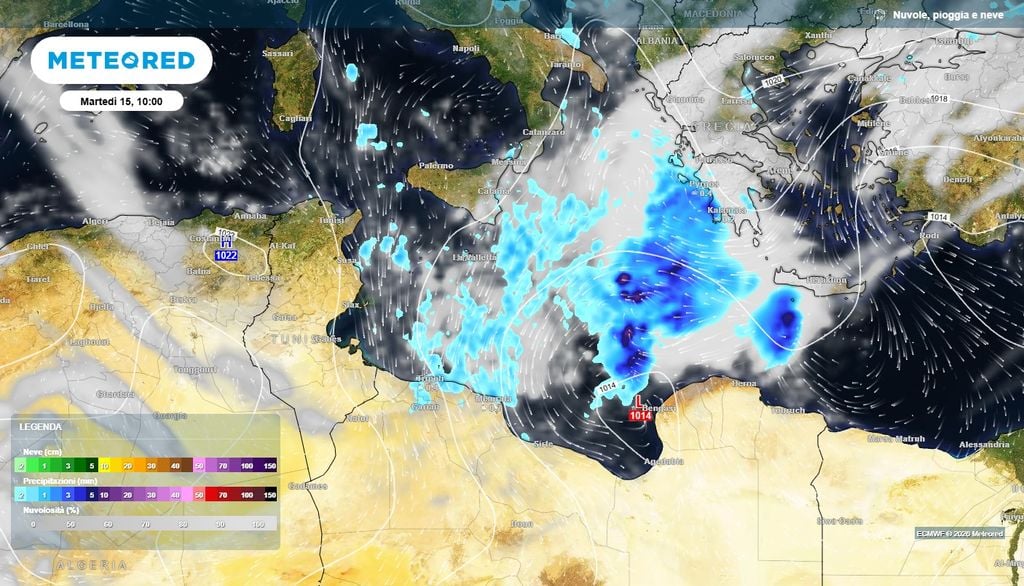 Ecco il vortice ciclonico che tra oggi e domani porterà variabilità all'estremo Sud