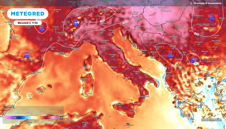 Meteo prossima settimana: l&rsquo;Italia verso 39 &deg;C, anomalie fino a +8 &deg;C e temporali pomeridiani