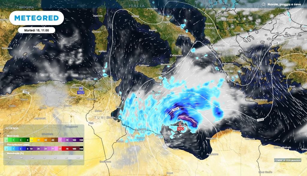 Ad inizio settimana un vortice ciclonico potrebbe cambiare tutto L'area depressionaria sul Mediterraneo centrale: il suo movimento determinerà il meteo