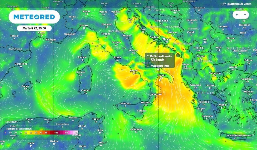 Raffiche di vento intense sul versante adriatico Venti fino a 60 km/h al Centro-Sud