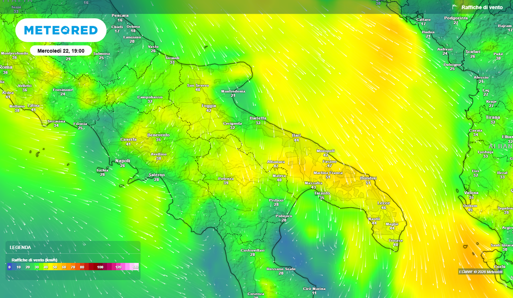 Raffiche di maestrale oltre i 50 km/h sul brindisino