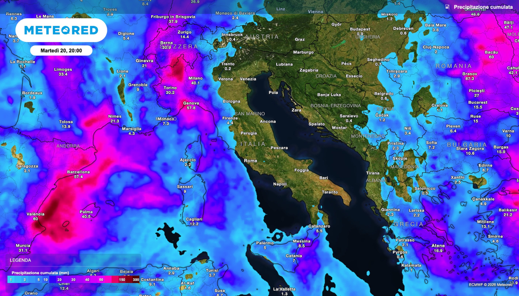 La mappa delle precipitazioni cumulate mostra come il Nord Ovest sarà il protagonista principale delle piogge del weekend.