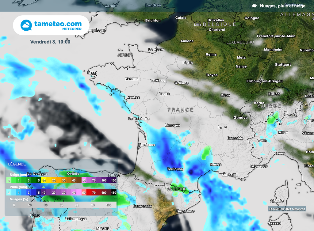 Des pluie sà caractère orageux pourront se présenter dès la matinée dans le Sud-Ouest. Des coups de tonnerre sont possibles.