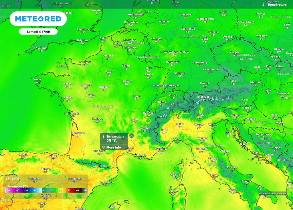 Ce samedi après-midi, les températures seront en hausse, avec des pointes à 19°C sur la moitié Nord et 25°C sur la moitié Sud.