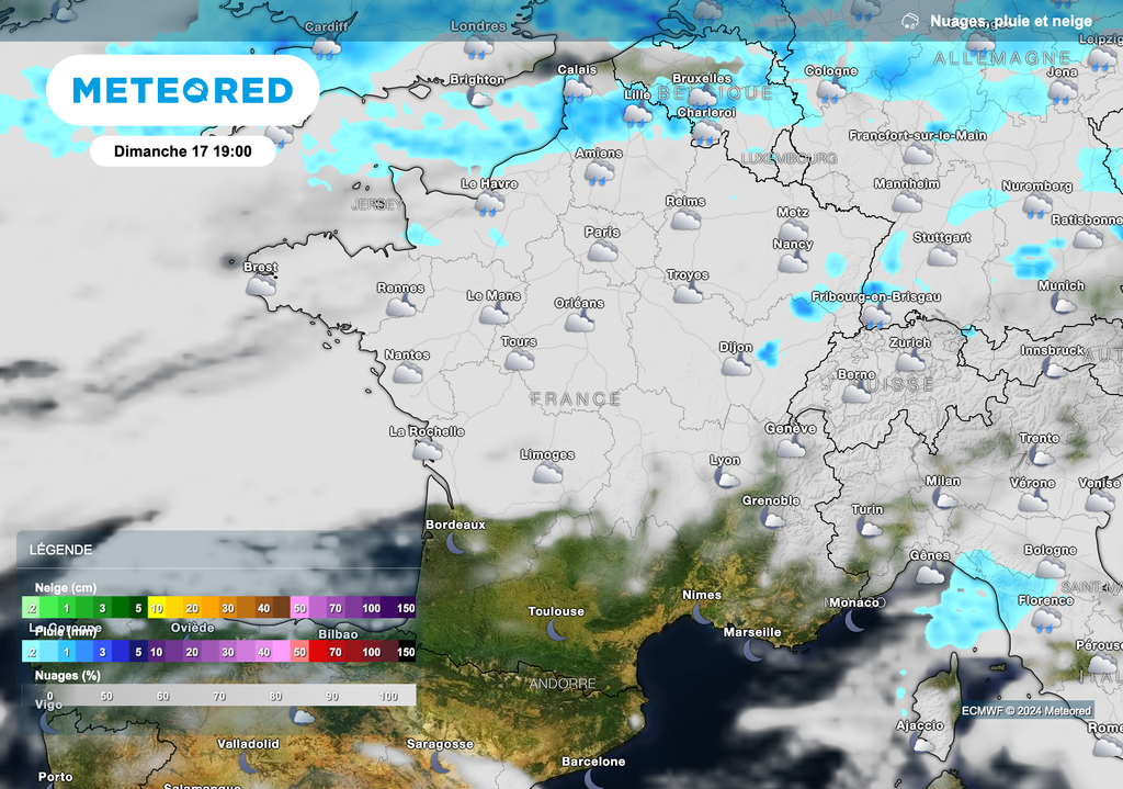 Arrivée de pluies plus soutenues en fin de journée dimanche par les côtes de la Manche. Arrivée de pluies plus soutenues en fin de journée dimanche par les côtes de la Manche.