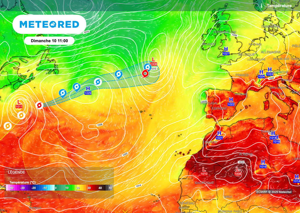 Trajectoire de la tempête tropicale Dexter à travers l'Atlantique.