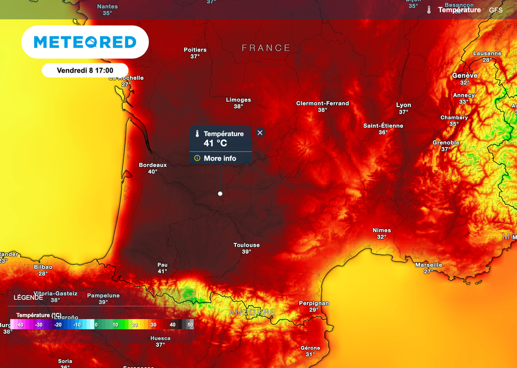 Températures caniculaires attendues vendredi après-midi dans le sud-ouest de la France. Source : modèle GFS.