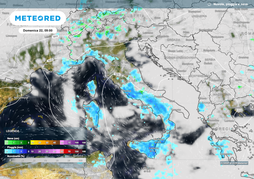 Le precipitazioni previste da ECMWF domenica 22 marzo al mattino, nel primo giorno di apertura delle urne per il voto del referendum costituzionale