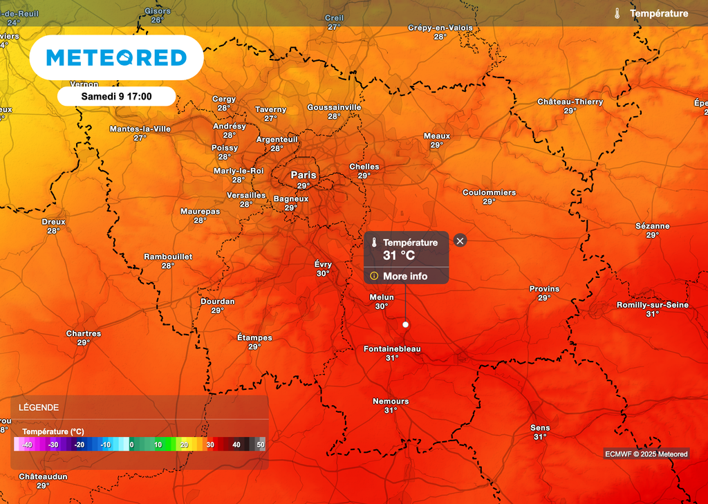 31 degrés prévus dans le sud de l'Île-de-France samedi après-midi. Carte : modèle européen ECMWF. 31 degrés prévus dans le sud de l'Île-de-France samedi après-midi. Carte : modèle européen ECMWF.
