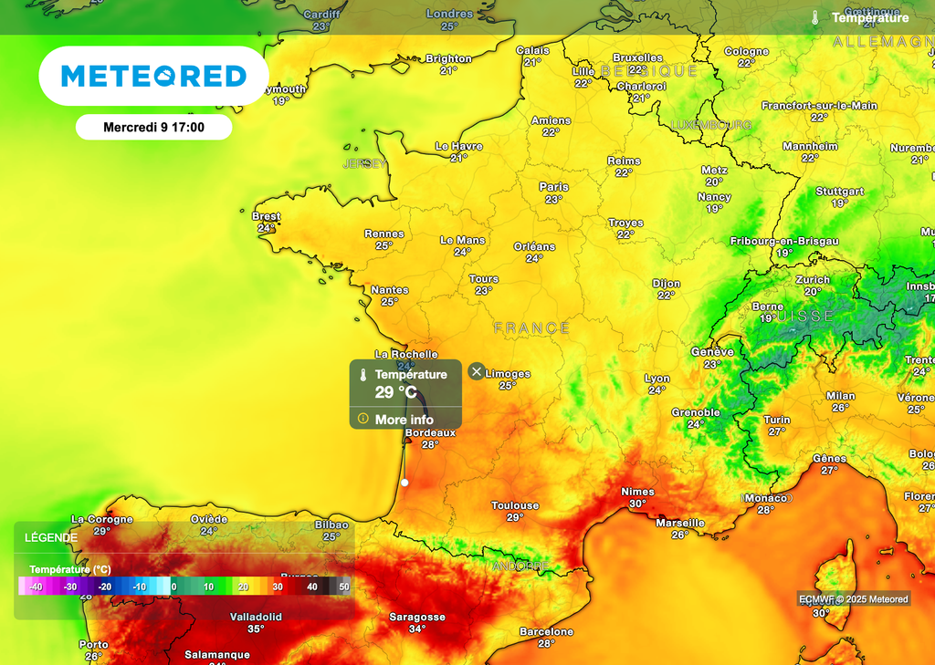 Les températures repartent franchement à la hausse mercredi après-midi. Encore un peu de fraîcheur dans le nord-est. Les températures repartent franchement à la hausse mercredi après-midi. Encore un peu de fraîcheur dans le nord-est.