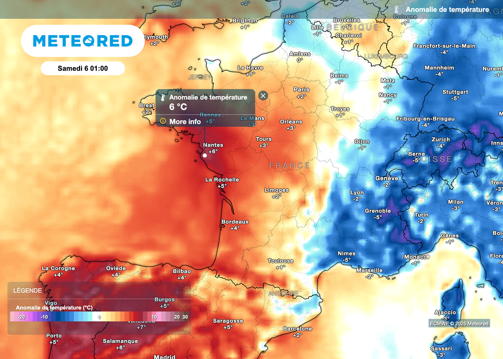 Températures minimales parfois très douces dans l'ouest du pays le week-end prochain.