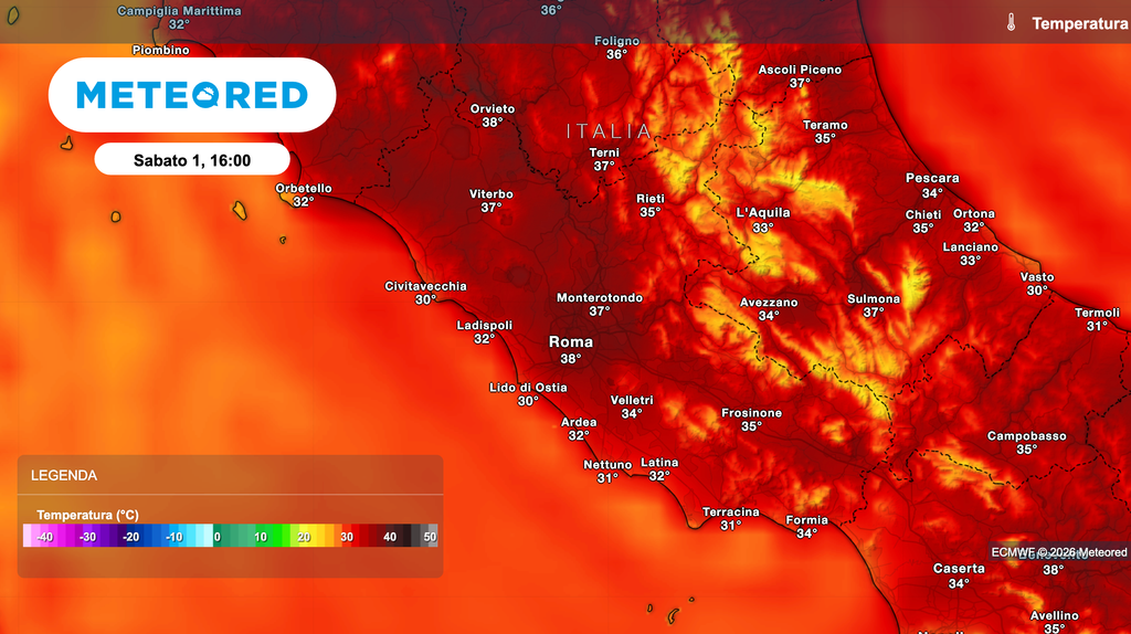 Mappa temperature previste domani alle ore 16 Ondata di calore nel Lazio, ecco le temperature previste alle ore 16 di domani