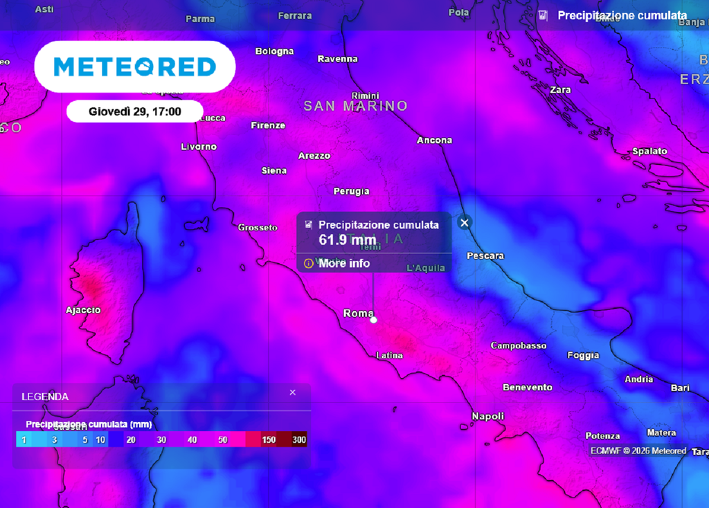 Precipitazioni cumulate sull'Italia e nel Lazio entro giovedì.