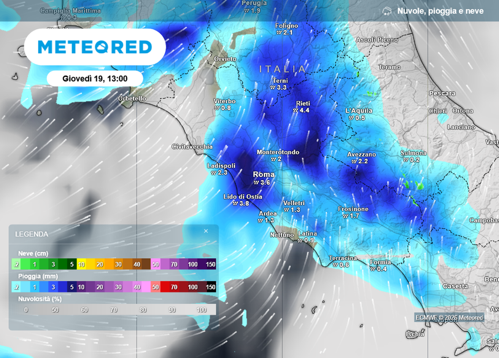 Giovedì 19 ondata di maltempo sul Centro Italia, pioggia anche a Roma.