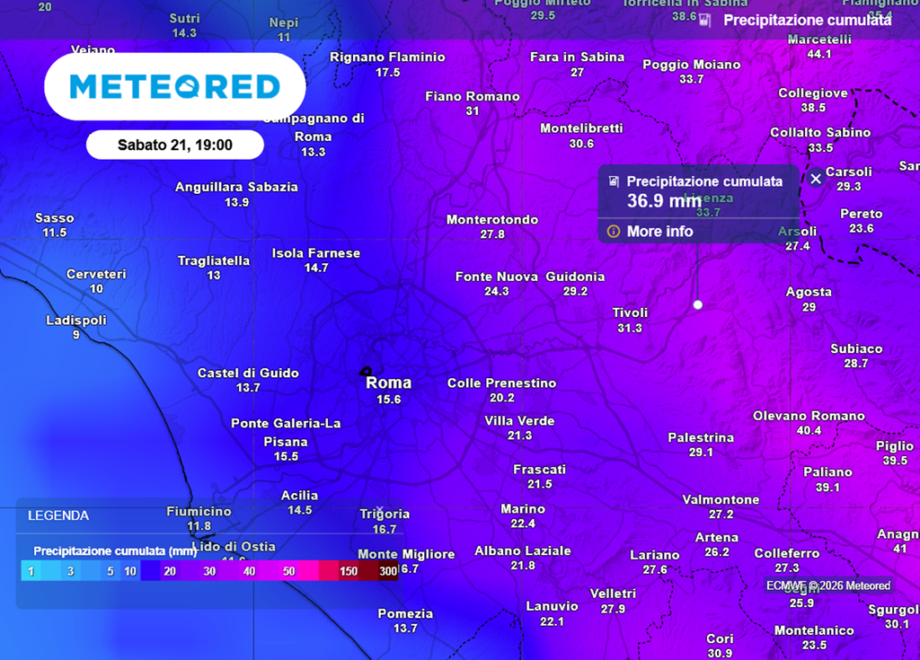 Nella giornata di giovedì potrebbero accumularsi fino a 10 mm di pioggia a Roma. Più importanti le precipitazioni nell'area appenninica.