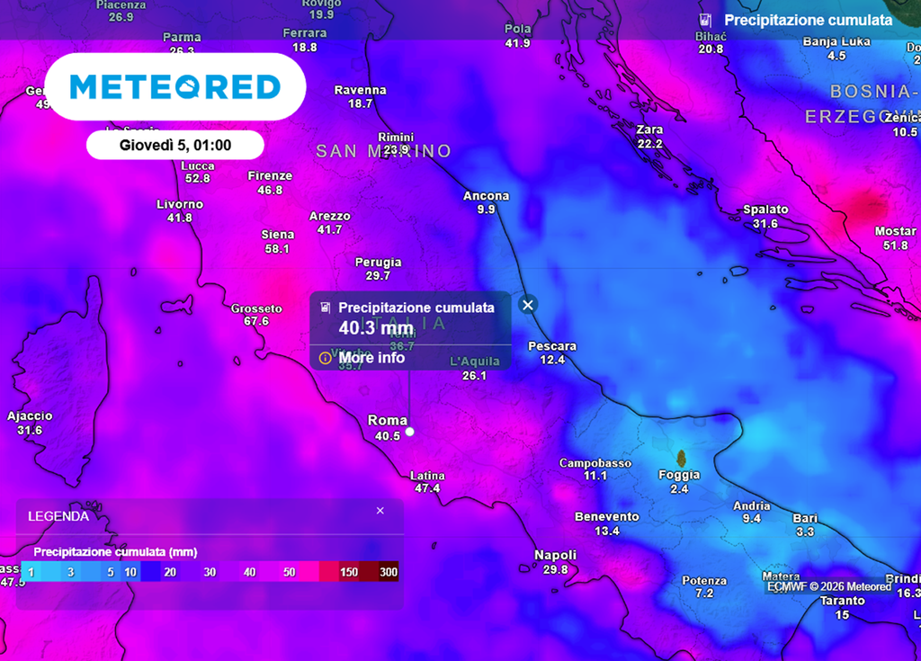 Le precipitazioni cumulate previste sul Centro Italia fino a giovedì prossimo.