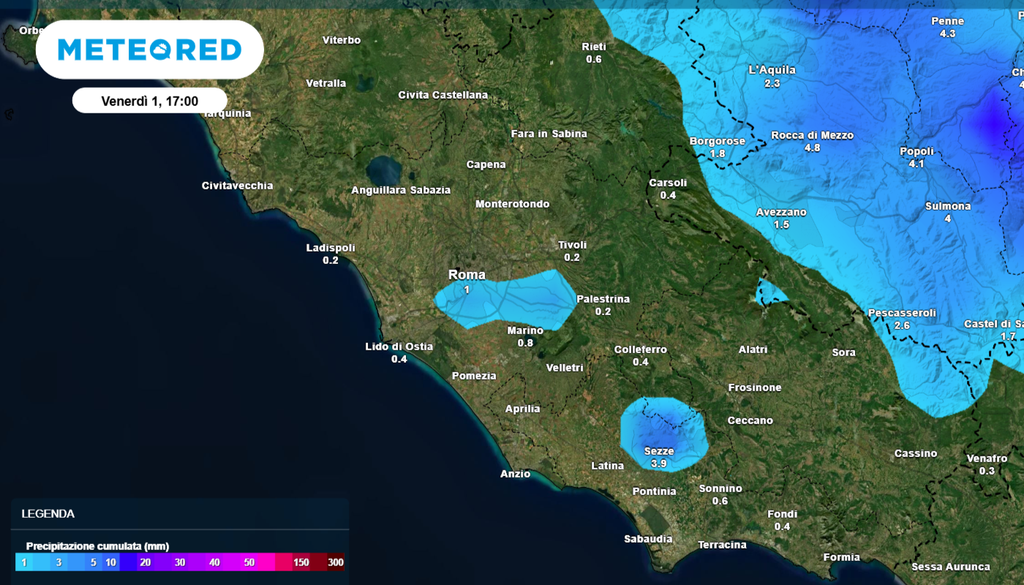 Mercoledì Roma potrebbe essere interessata da un breve e rapido peggioramento per l'aria fredda in arrivo che solleverà quella più mite già presente, potrebbe dare luogo a delle piogge sparse, che il modello ECMWF (nell'immagine i cumuli totali fino a venerdì) vede piuttosto localizzate e deboli, mentre GFS più diffuse e intense. I modelli concordano, poi, sul successivo, rapido miglioramento.