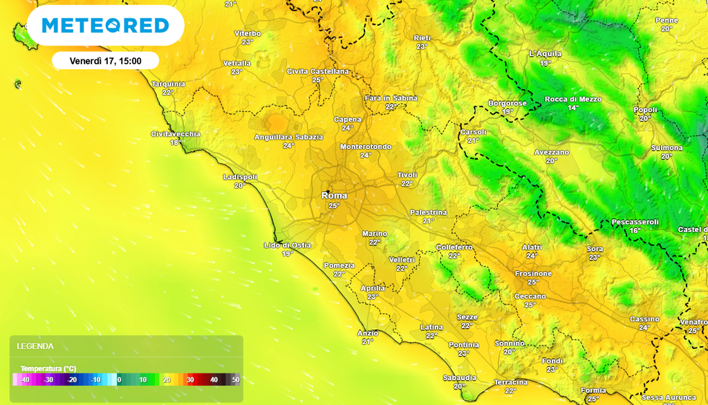 Le massime di venerdì aumenteranno decisamente portandosi su valori di 25-26°C sulla Capitale.