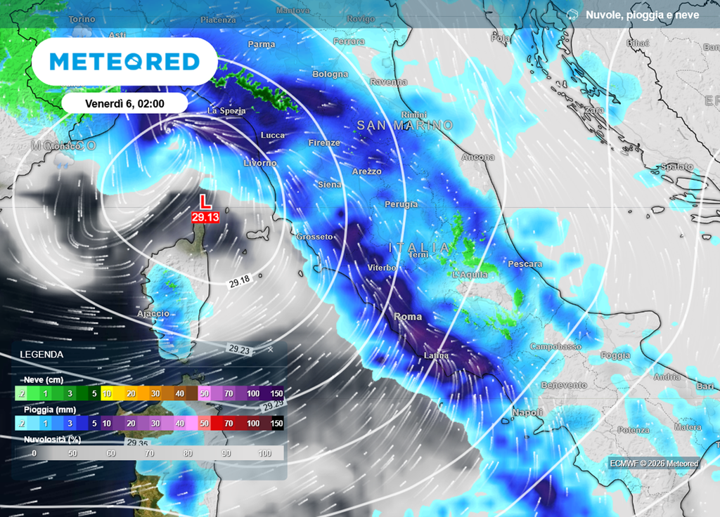 Questa notte ci sarà forte maltempo sull'Italia tirrenica, da Nord a Sud. Anche a Roma pioverà molto.