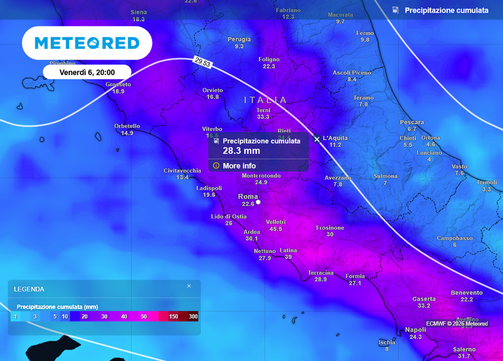 La pioggia cumulata a Roma e nel resto del centro Italia entro venerdì 6 febbraio.
