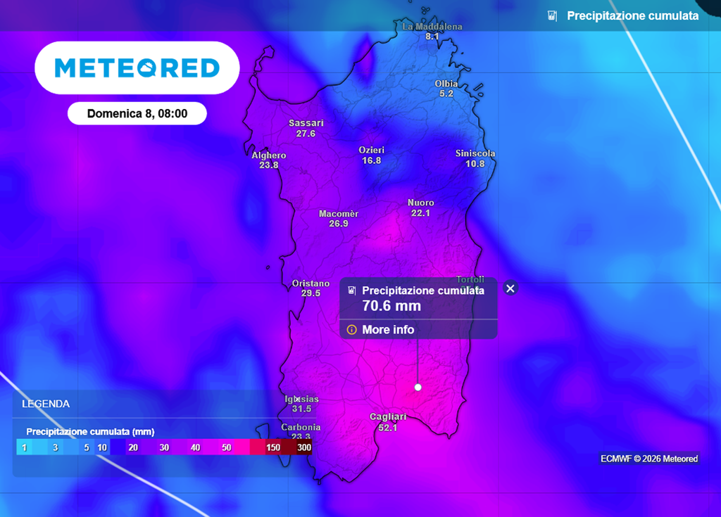 Precipitazioni cumulate sulla Sardegna entro il fine settimana. Il grosso cadrà tra venerdì e sabato.