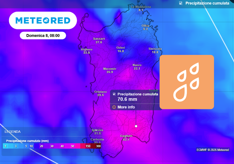 Meteo Sardegna, c'&egrave; la conferma: in arrivo tanta pioggia nelle prossime ore, fino a 70 mm. Le aree a rischio